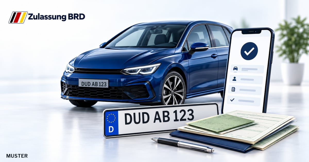 Online Fahrzeugzulassung in Bad Lauterberg im Harz: Musterkennzeichen DUD AB 123, Auto und Fahrzeugpapiere und Smartphone. Illustration mit Logo von Zulassung BRD.